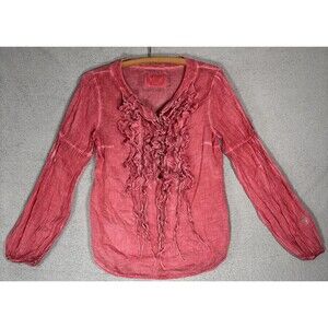 Sisters Blouse Size M Salmon‎ Pink Crinkle Ruffle Placket Boho Victorian Artsy